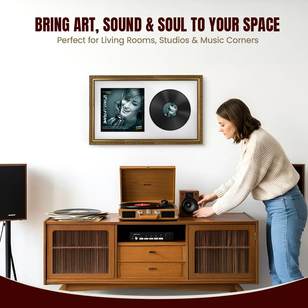 30x17" Gold Ornate Vinyl Record Frame With Ice White Mount | Side By Side Vintage LP Cover and Disc Display thumbnail 6