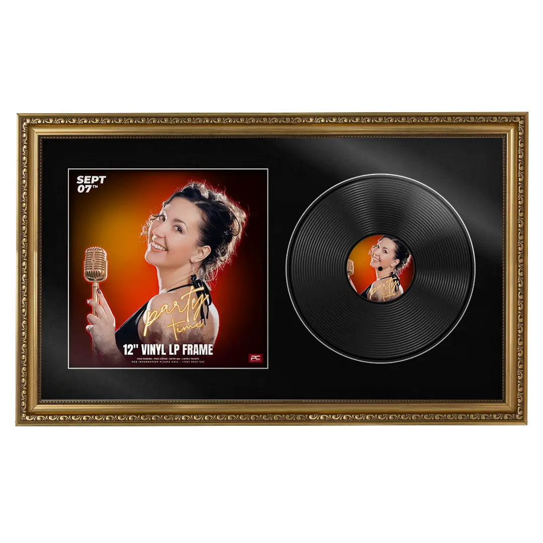 30x17" Gold Ornate Vinyl Record Frame With Black Mount | Side By Side Vintage LP Cover and Disc Display