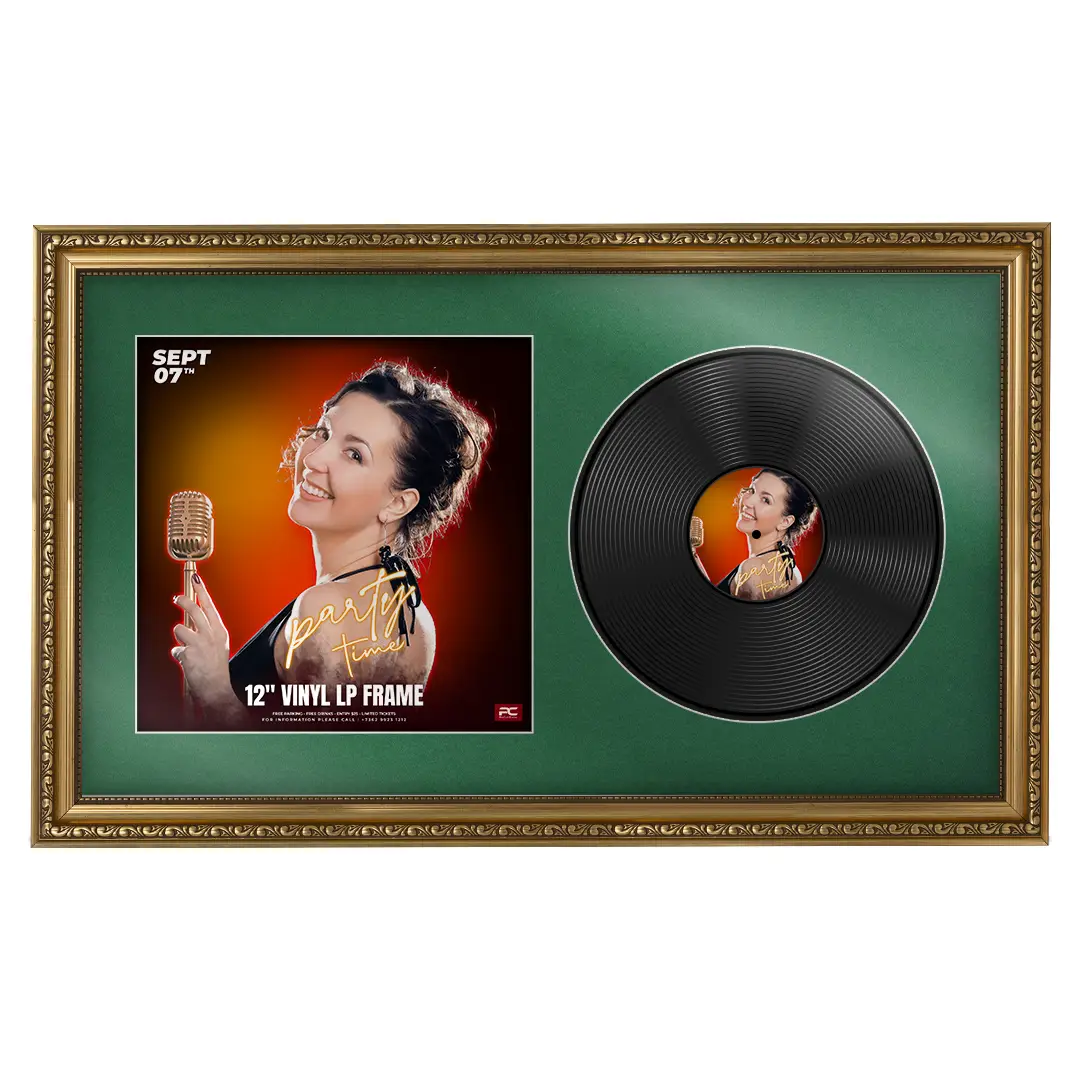 30x17" Gold Ornate Vinyl Record Frame With Emerald (Green) Mount | Side By Side Vintage LP Cover and Disc Display