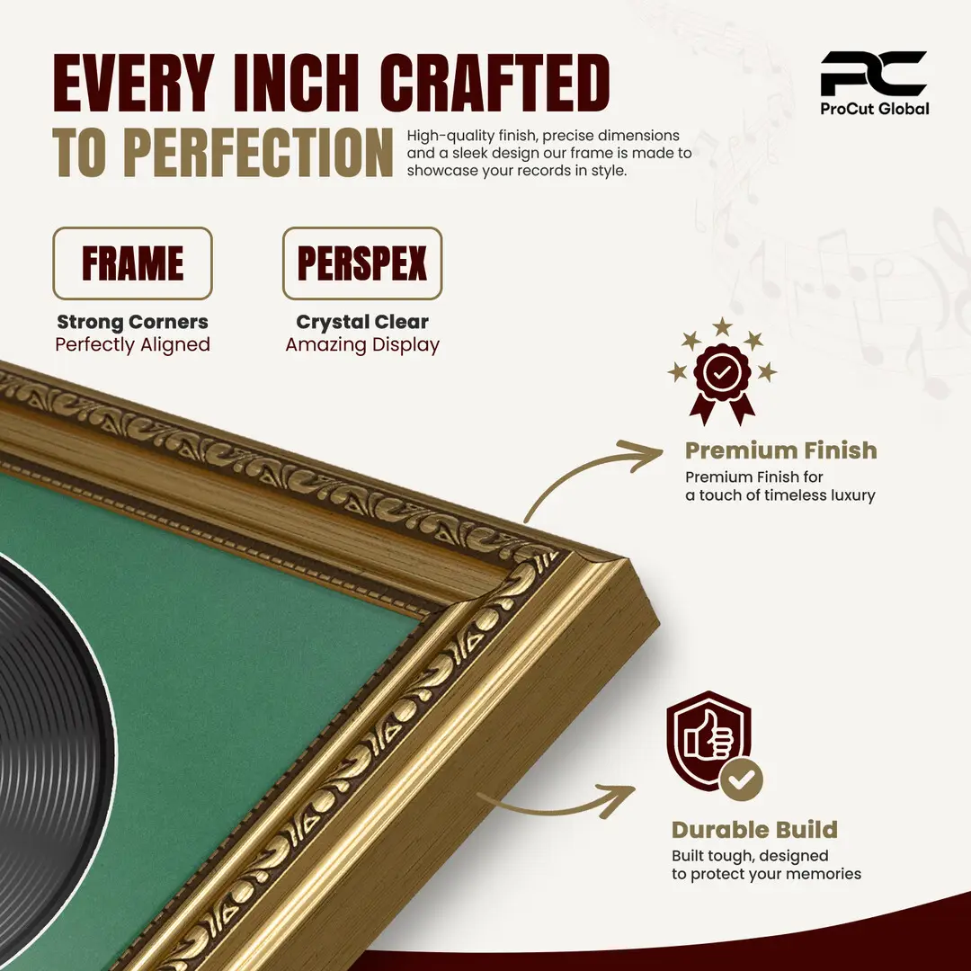 16x16" Gold Ornate Vinyl Record Frame With Emerald (Green) Mount For 12" LP Discs | Show Your Love For Music In Vintage Style thumbnail 7