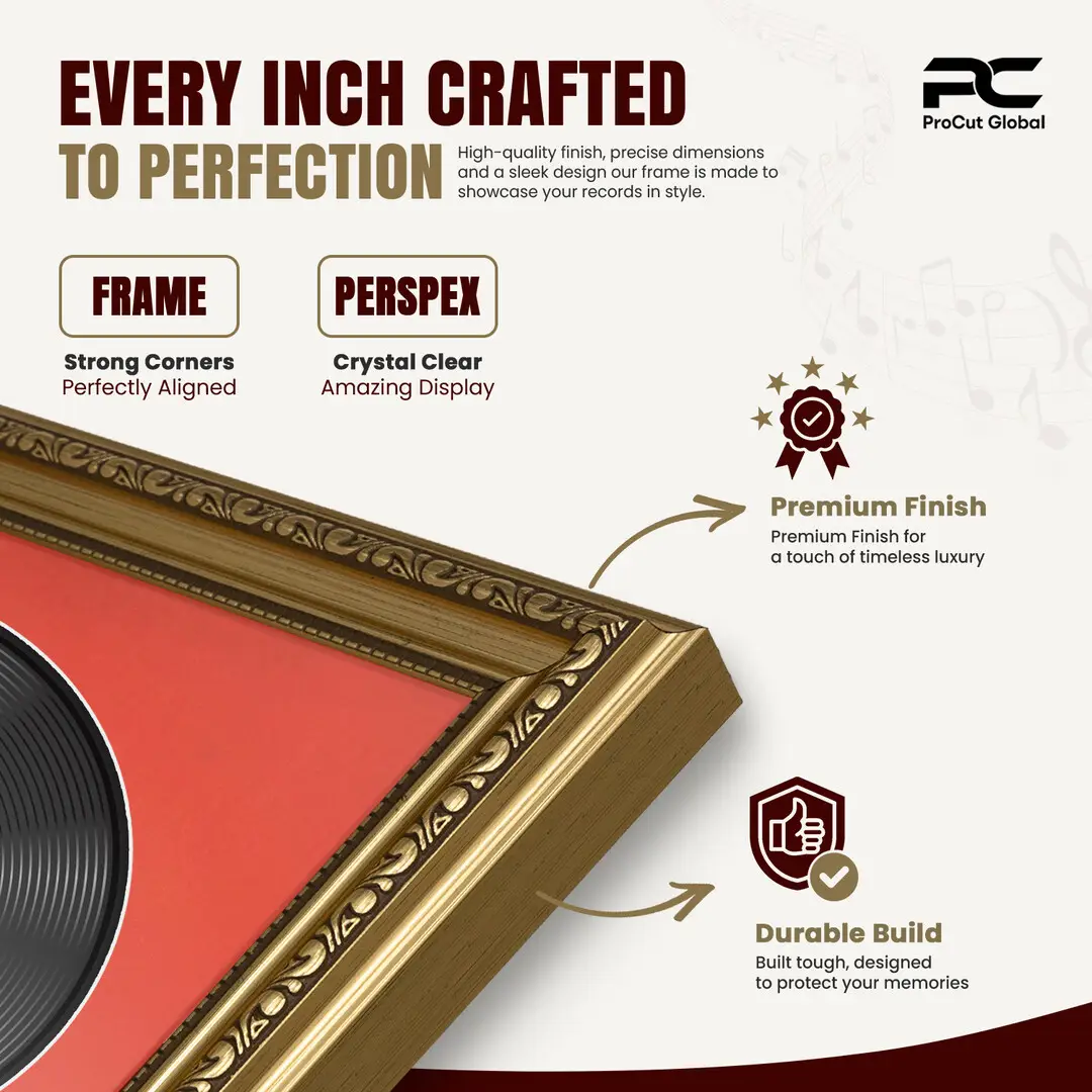 16x16" Gold Ornate Vinyl Record Frame With Poppy Red Mount For 12" LP Discs | Show Your Love For Music In Vintage Style thumbnail 7