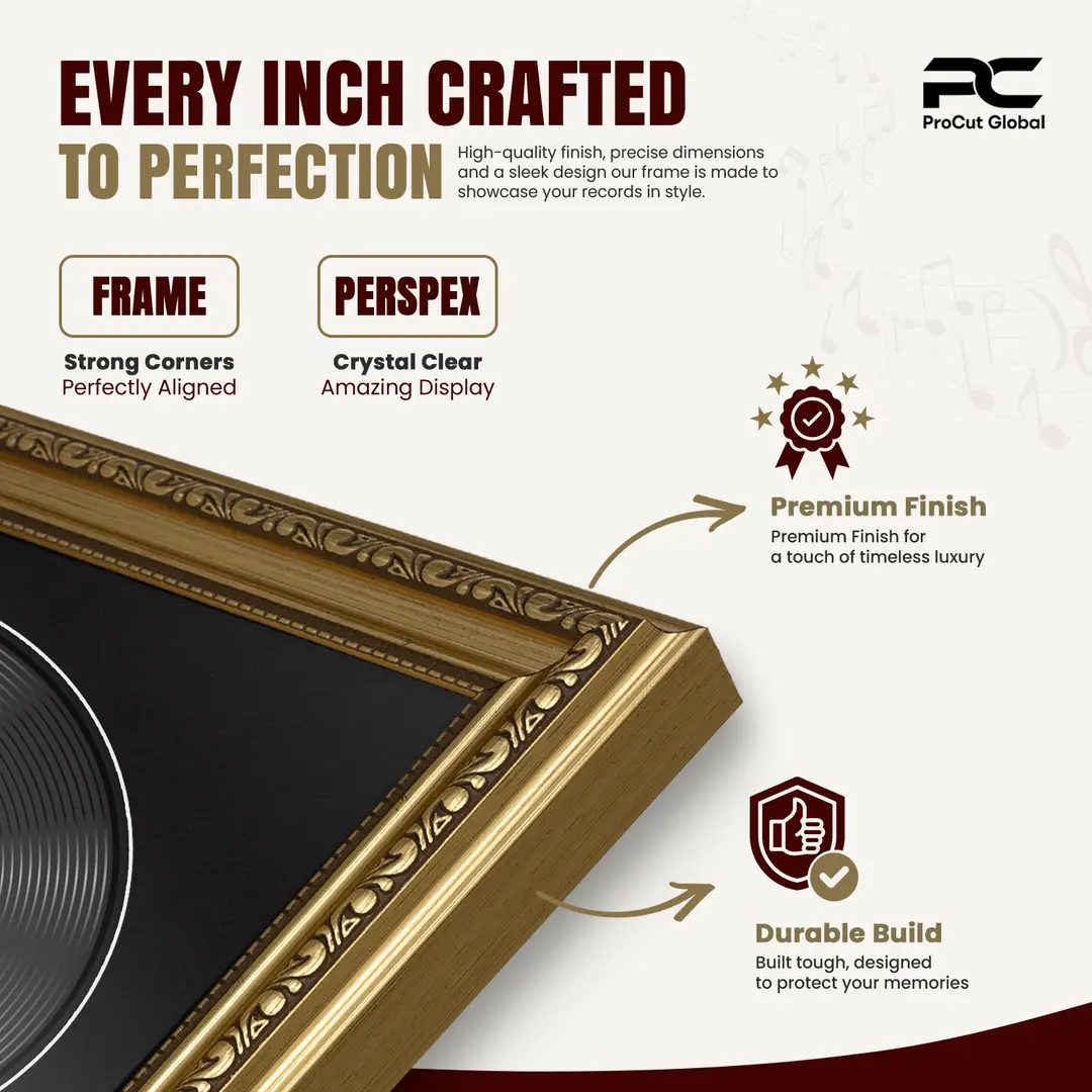 25x17" Gold Ornate Vintage Vinyl Record Frame (Overlapped) For 12 Inch LP Cover & Disc With Black Mount | Premium Music Art Display thumbnail 7