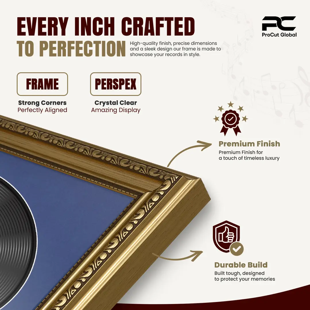 25x17" Gold Ornate Vintage Vinyl Record Frame (Overlapped) For 12 Inch LP Cover & Disc With Blue Mount | Premium Music Art Display thumbnail 7