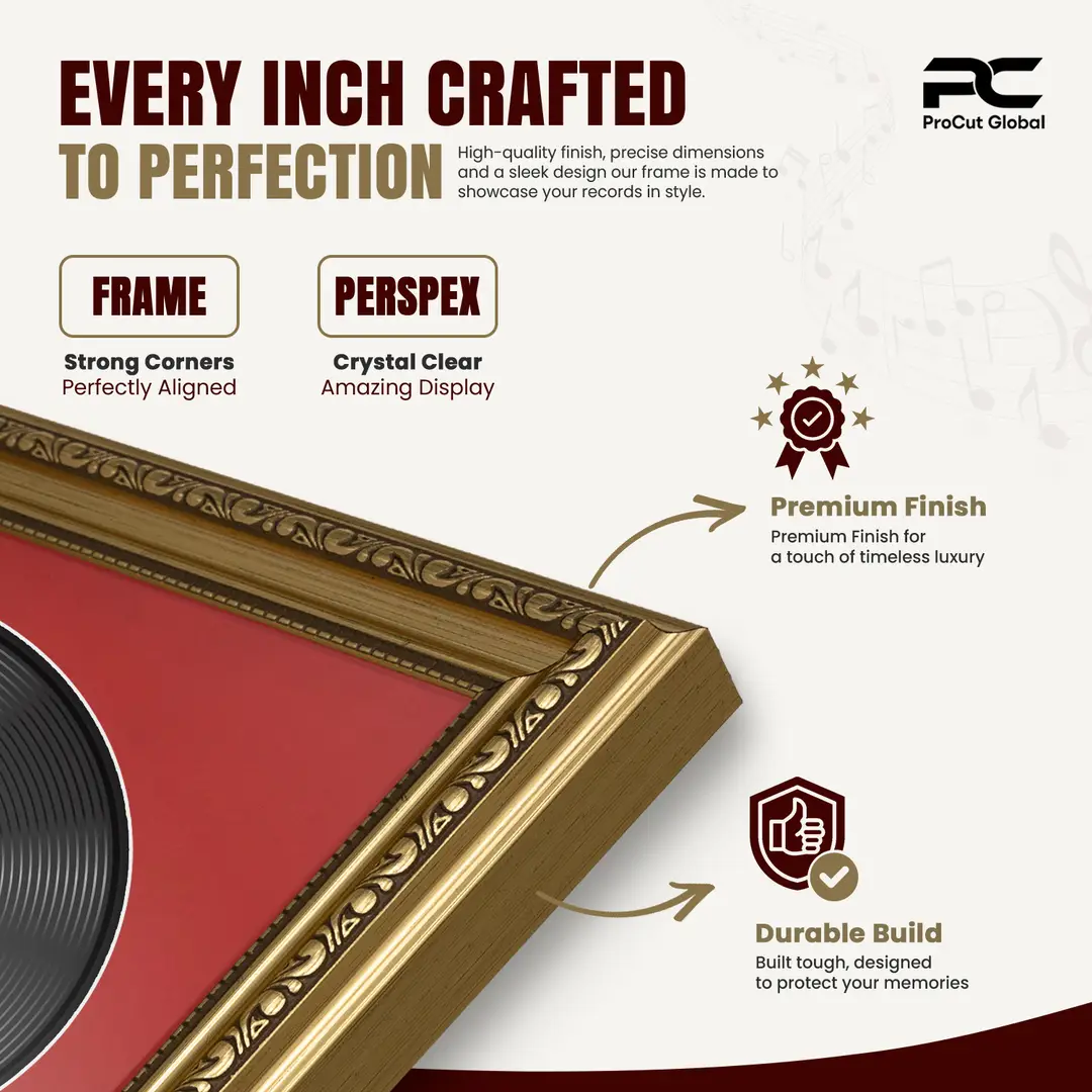 25x17" Gold Ornate Vintage Vinyl Record Frame (Overlapped) For 12 Inch LP Cover & Disc With Crimson Mount | Premium Music Art Display thumbnail 7