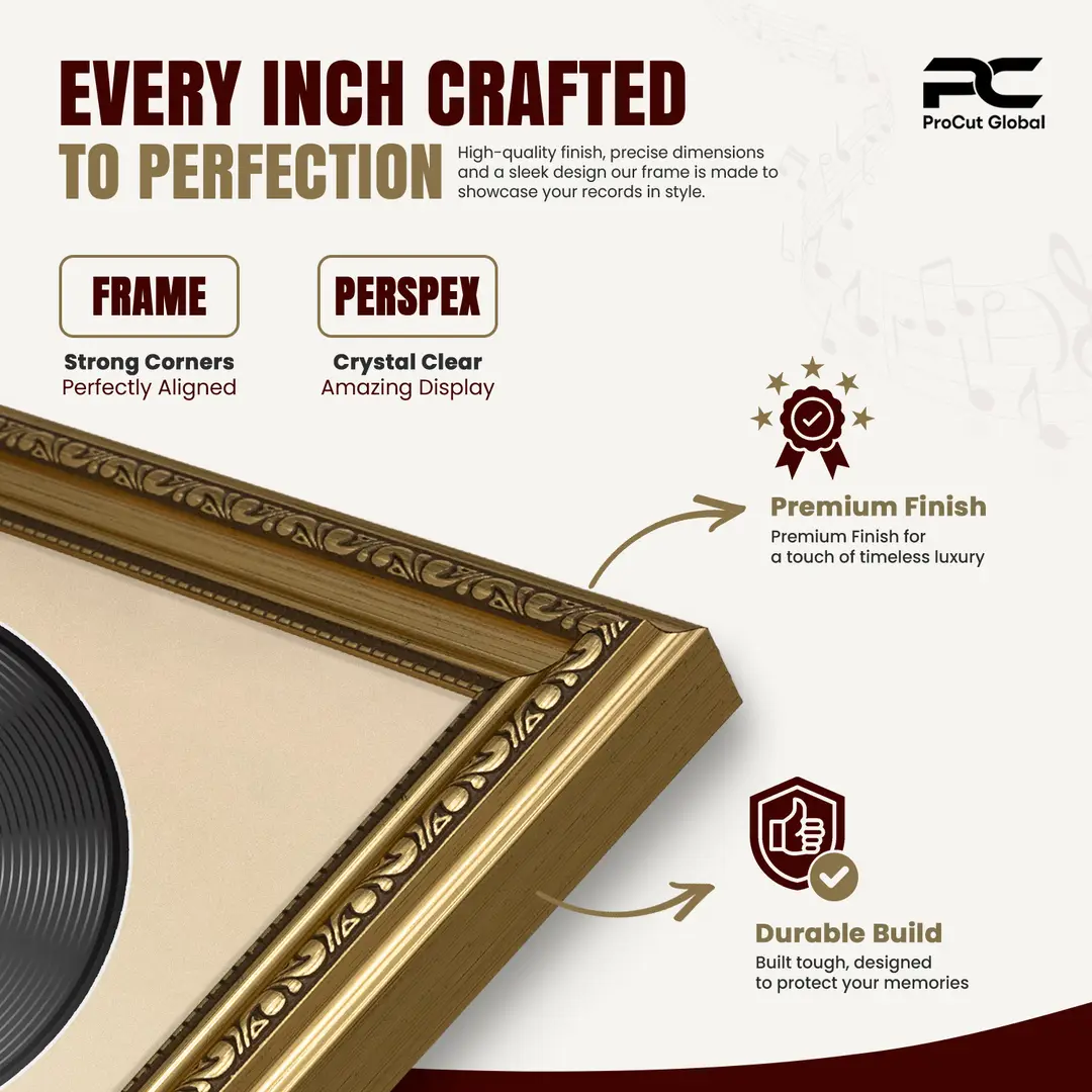 25x17" Gold Ornate Vintage Vinyl Record Frame (Overlapped) For 12 Inch LP Cover & Disc With Ivory Mount | Premium Music Art Display thumbnail 7