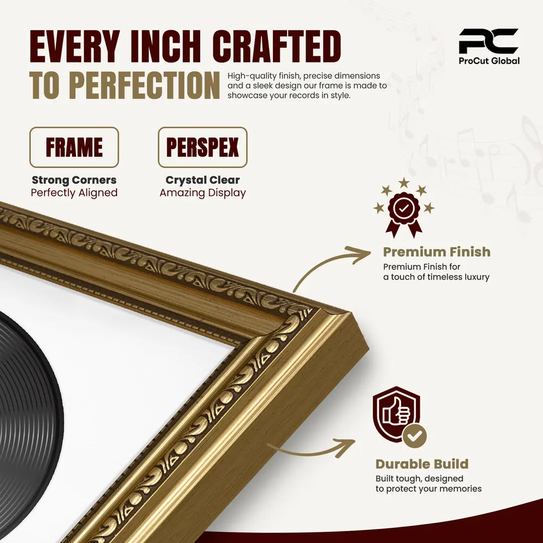 25x17" Gold Ornate Vintage Vinyl Record Frame (Overlapped) For 12 Inch LP Cover & Disc With Ice White Mount | Premium Music Art Display thumbnail 7