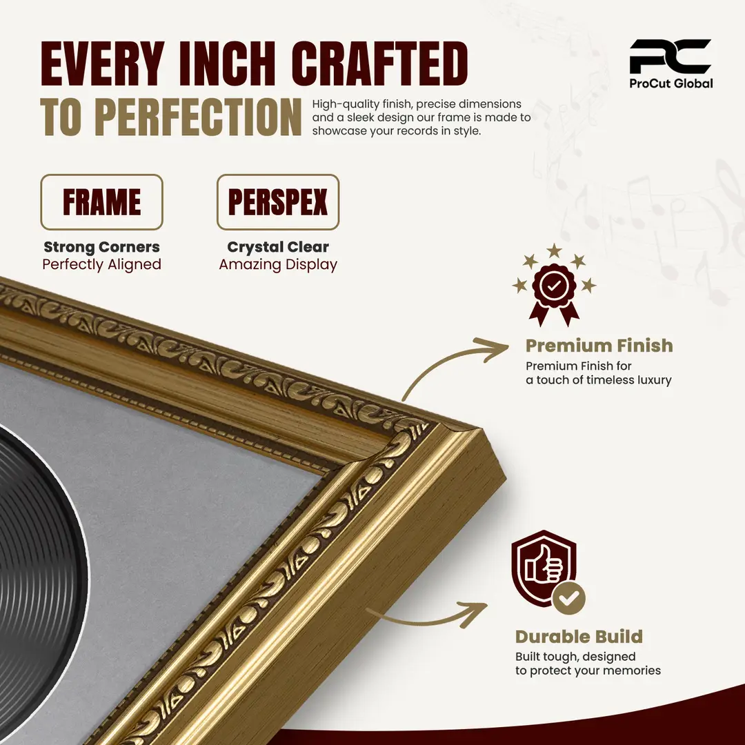 30x17" Gold Ornate Vinyl Record Frame With Mid Grey Mount | Side By Side Vintage LP Cover and Disc Display thumbnail 7