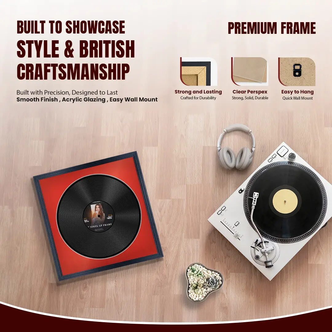 16x16" Step Black Vinyl Record Frame With Poppy Red Mount For 12" LP Discs | Contemporary Wall Display thumbnail 2