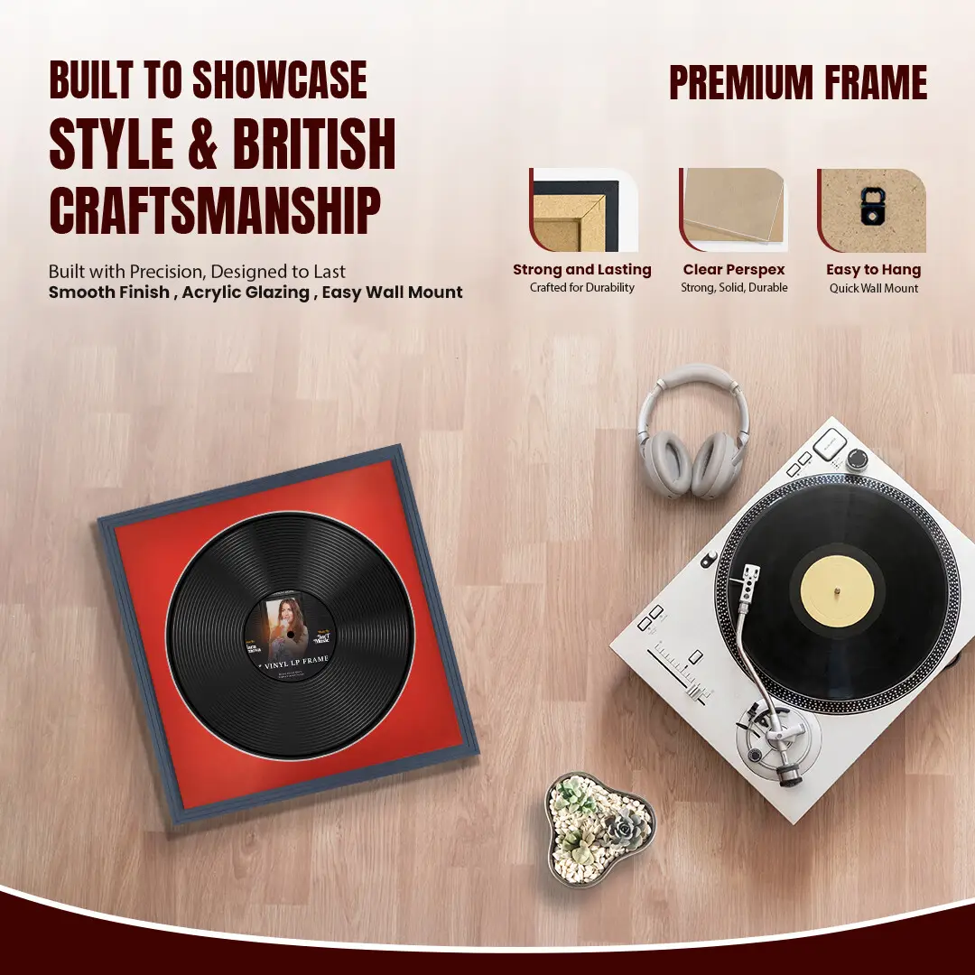 16x16" Step Dark Grey Vinyl Record Frame With Poppy Red Mount For 12" LP Discs | Contemporary Wall Display thumbnail 2