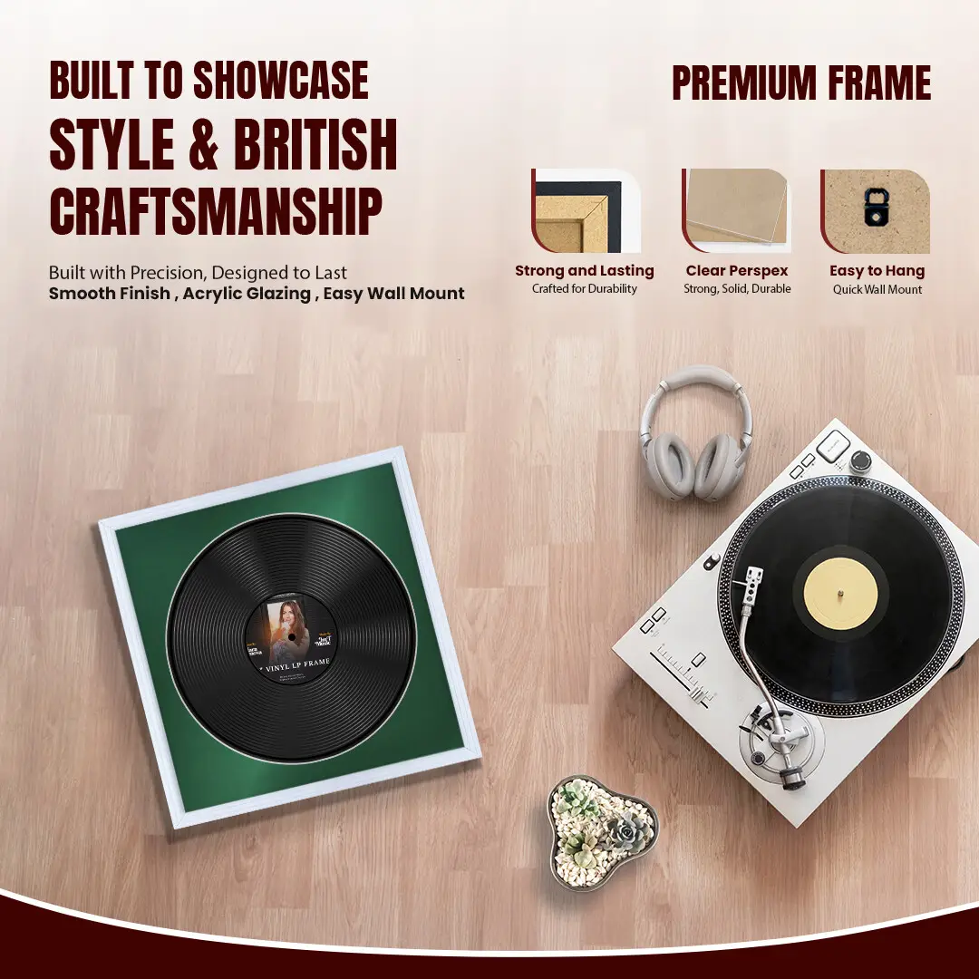 16x16" Step White Vinyl Record Frame With Emerald (Green) Mount For 12" LP Discs | Elegant Frame For Music Lovers thumbnail 2