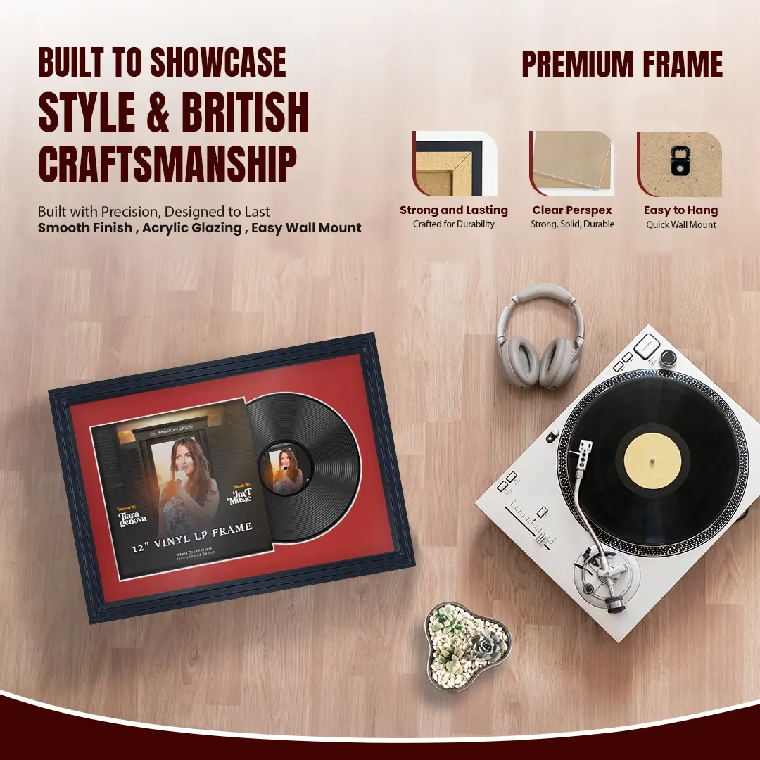 25x17" Step Black Vinyl Record Frame For 12 Inch LP Cover & Disc (Overlapped) With Crimson Mount | Elegant Music Display thumbnail 2