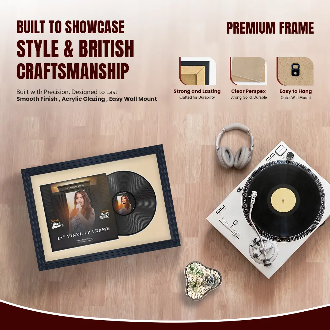 25x17" Step Black Vinyl Record Frame For 12 Inch LP Cover & Disc (Overlapped) With Ivory Mount | Elegant Music Display thumbnail 2