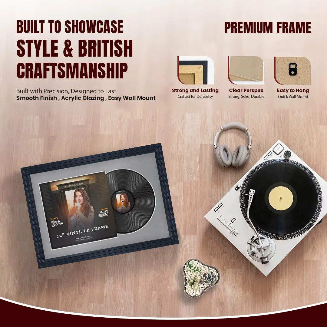 25x17" Step Black Vinyl Record Frame For 12 Inch LP Cover & Disc (Overlapped) With Mid Grey Mount | Elegant Music Display thumbnail 2