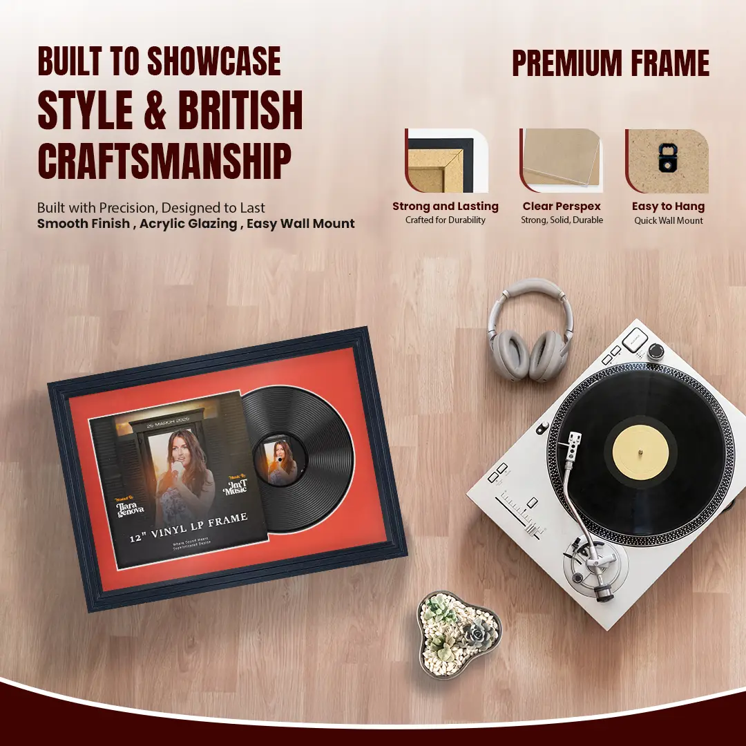 25x17" Step Black Vinyl Record Frame For 12 Inch LP Cover & Disc (Overlapped) With Poppy Red Mount | Elegant Music Display thumbnail 2