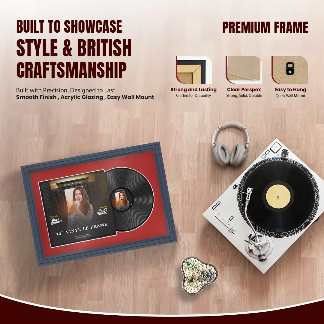 25x17" Step Dark Grey Vinyl Record Frame For 12 Inch LP Cover & Disc With Crimson Mount | Overlapped Vinyl Display thumbnail 2