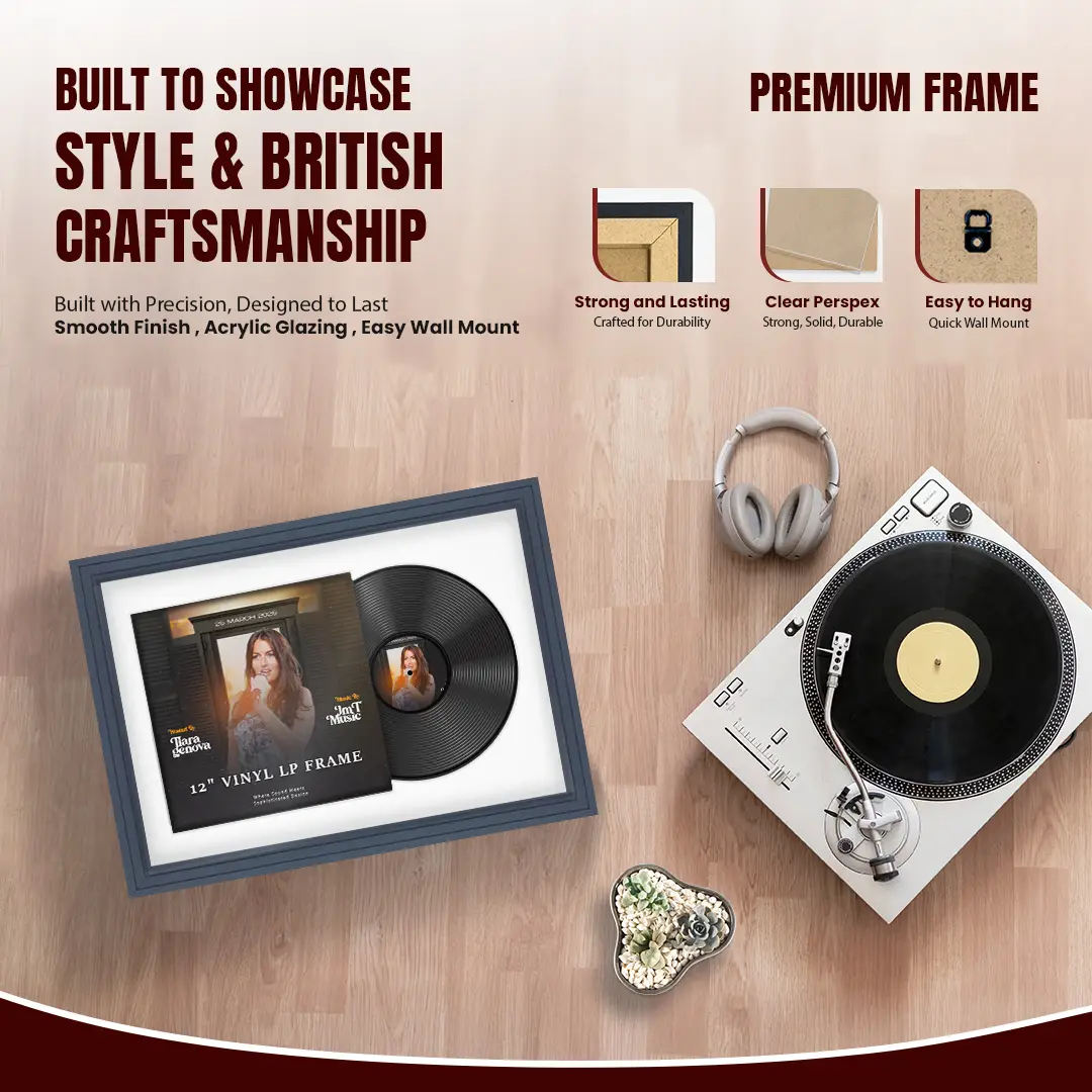 25x17" Step Dark Grey Vinyl Record Frame For 12 Inch LP Cover & Disc (Overlapped) With Ice White Mount | Elegant Music Display thumbnail 2