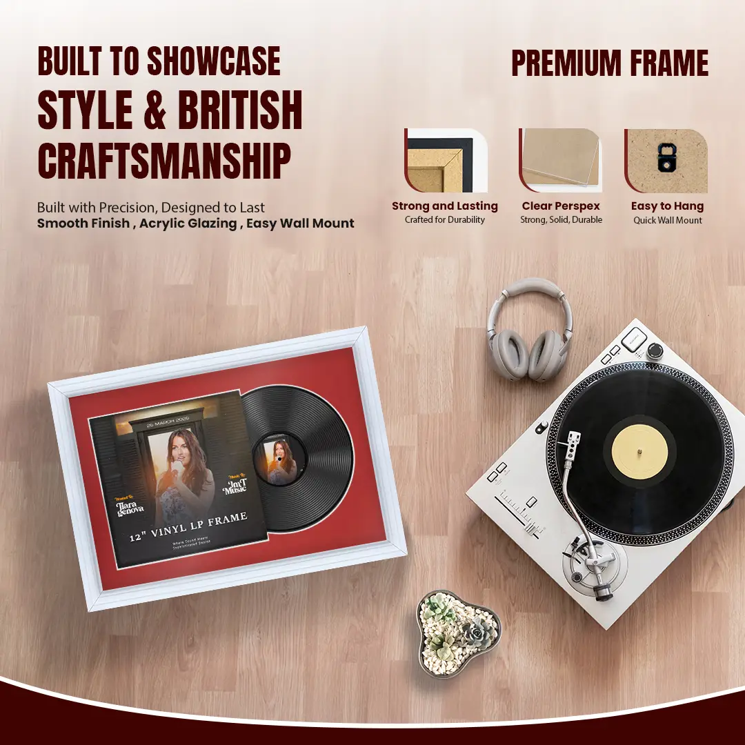 25x17" Step White Vinyl Record Frame For 12 Inch LP Cover & Disc (Overlapped) With Crimson Mount | Elegant Music Display thumbnail 2