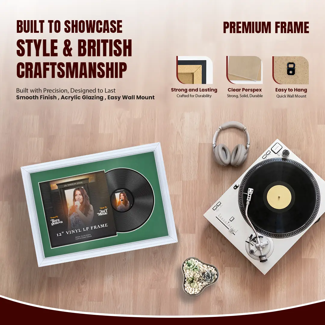 25x17" Step White Vinyl Record Frame For 12 Inch LP Cover & Disc (Overlapped) With Emerald (Green) Mount | Elegant Music Display thumbnail 2