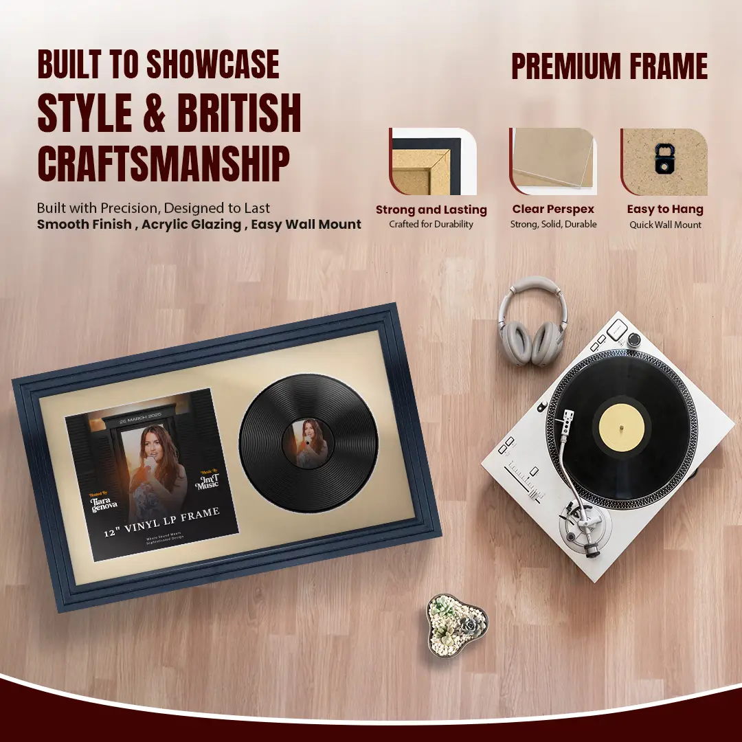 30x17" Step Black Vinyl Record Frame With Ivory Mount | For 12" LP Cover and Disc Side By Side Display thumbnail 2