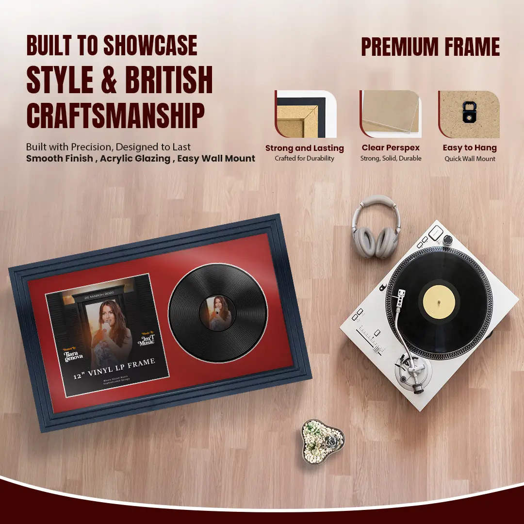 30x17" Step Dark Grey Vinyl Record Frame With Crimson Mount | For 12" LP Cover and Disc Side By Side Display thumbnail 2