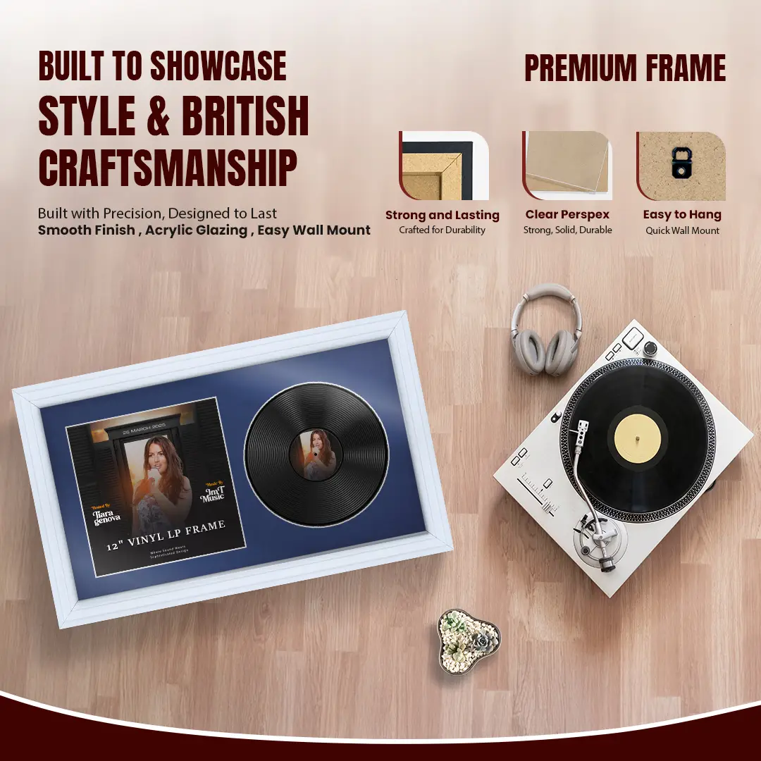 30x17" Step White Vinyl Record Frame With Blue Mount | Side by Side 12" LP Cover & Disc Display thumbnail 2