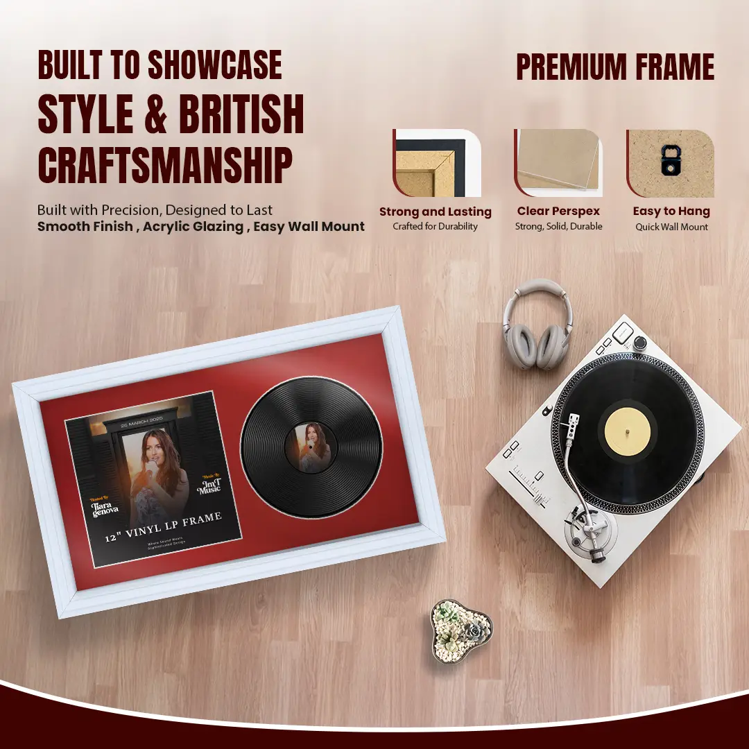 30x17" Step White Vinyl Record Frame With Crimson Mount | For 12" LP Cover and Disc Side By Side Display thumbnail 2