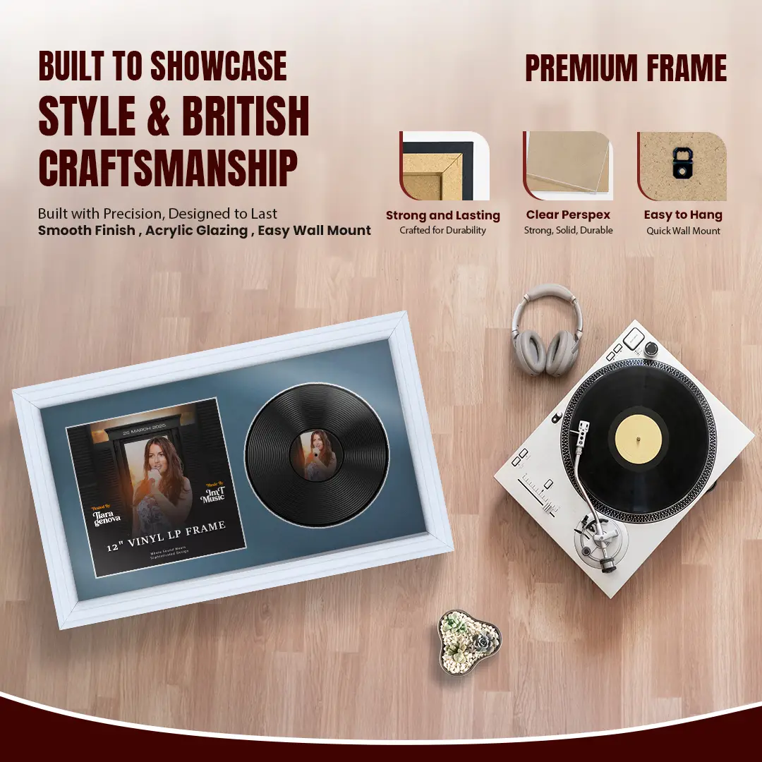 30x17" Step White Vinyl Record Frame With Pompador Mount | Displays 12" LP Cover & Disc Side by Side thumbnail 2