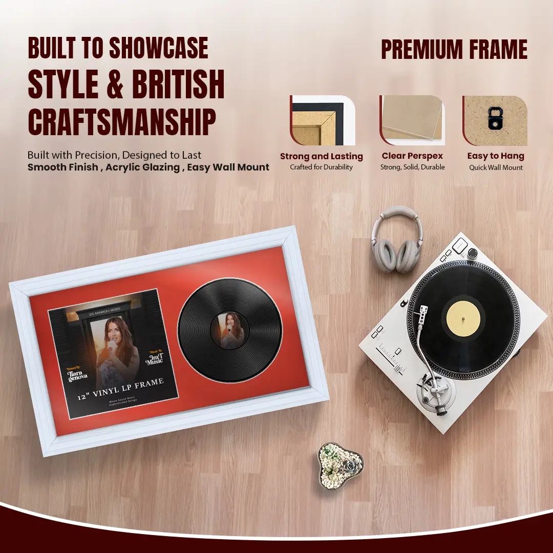 30x17" Step White Vinyl Record Frame With Poppy Red Mount | Displays 12" LP Cover & Disc Side by Side thumbnail 2