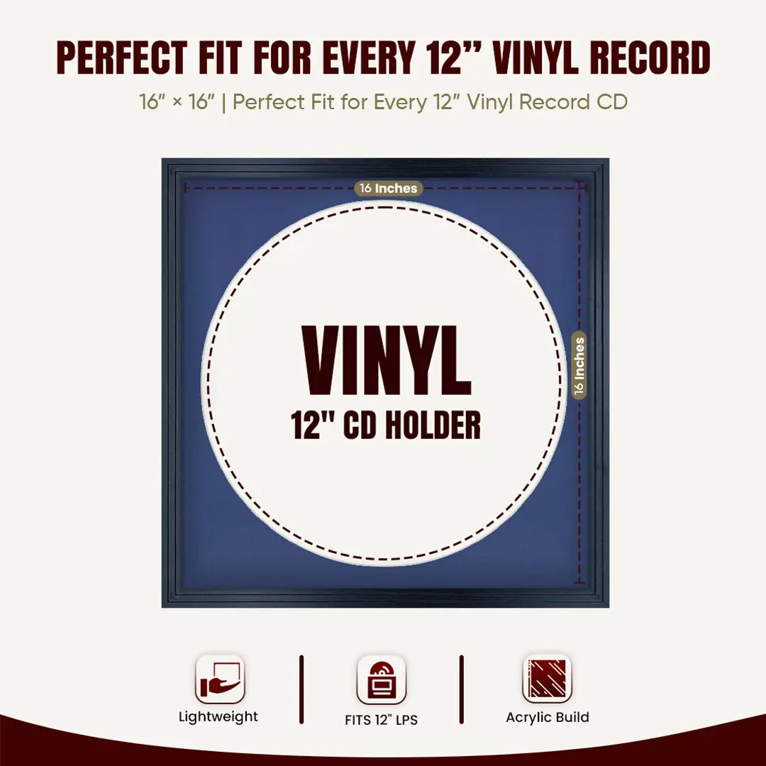 16x16" Step Black Vinyl Record Frame With Blue Mount For 12" LP Discs | Elegant Frame For Music Lovers thumbnail 3