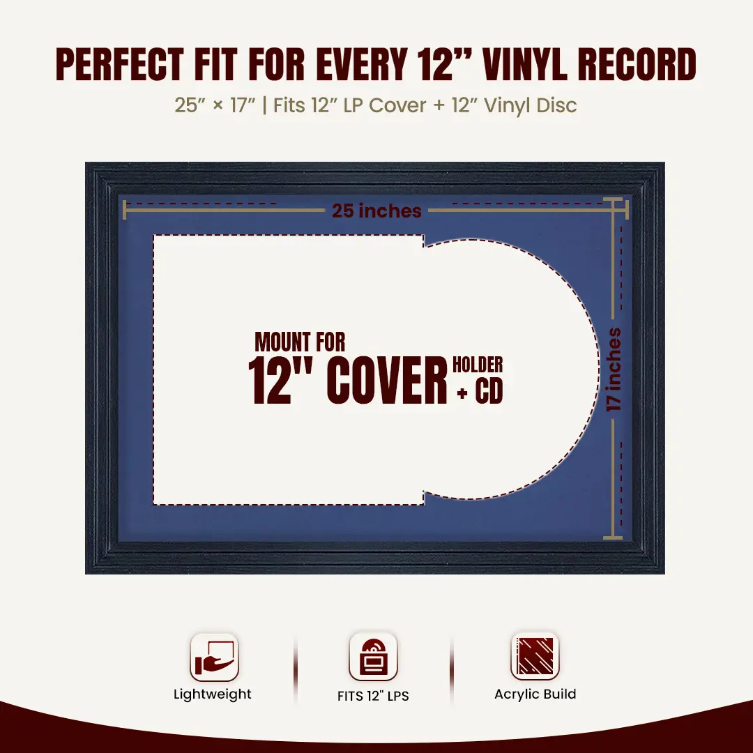25x17" Step Black Vinyl Record Frame For 12 Inch LP Cover & Disc With Blue Mount | Overlapped Vinyl Display thumbnail 3
