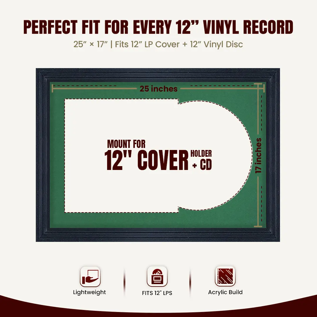 25x17" Step Black Vinyl Record Frame For 12 Inch LP Cover & Disc With Emerald (Green) Mount | Overlapped Vinyl Display thumbnail 3