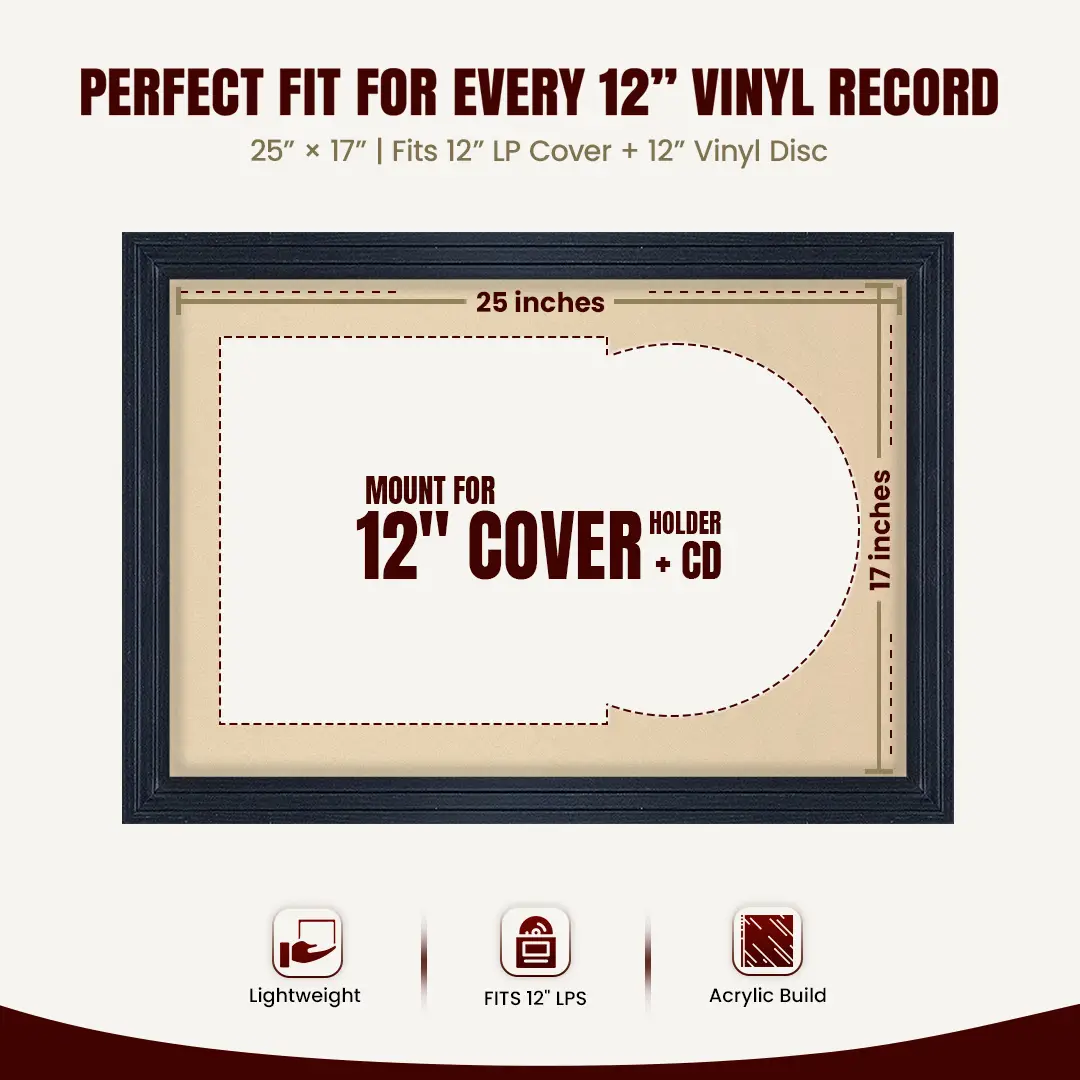25x17" Step Black Vinyl Record Frame For 12 Inch LP Cover & Disc (Overlapped) With Ivory Mount | Elegant Music Display thumbnail 3