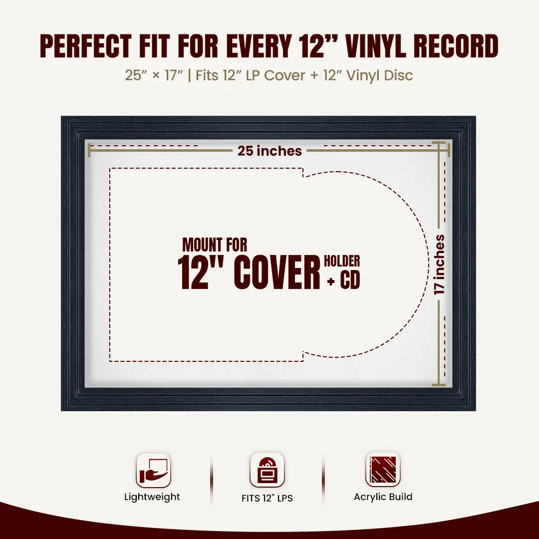 25x17" Step Black Vinyl Record Frame For LP Cover & Disc With Ice White Mount | Overlapped Display thumbnail 3