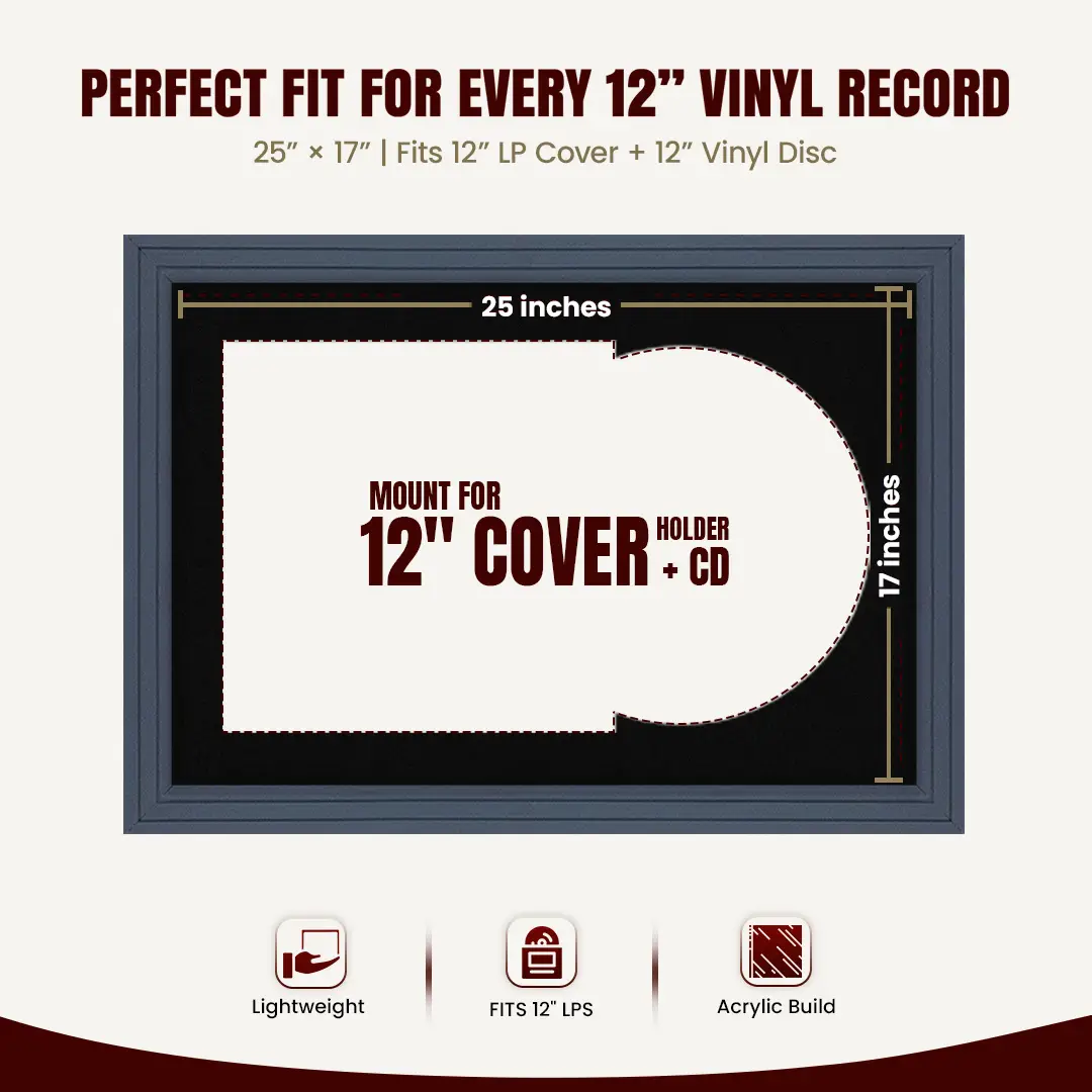 25x17" Step Dark Grey Vinyl Record Frame For 12 Inch LP Cover & Disc With Black Mount | Overlapped Vinyl Display thumbnail 3