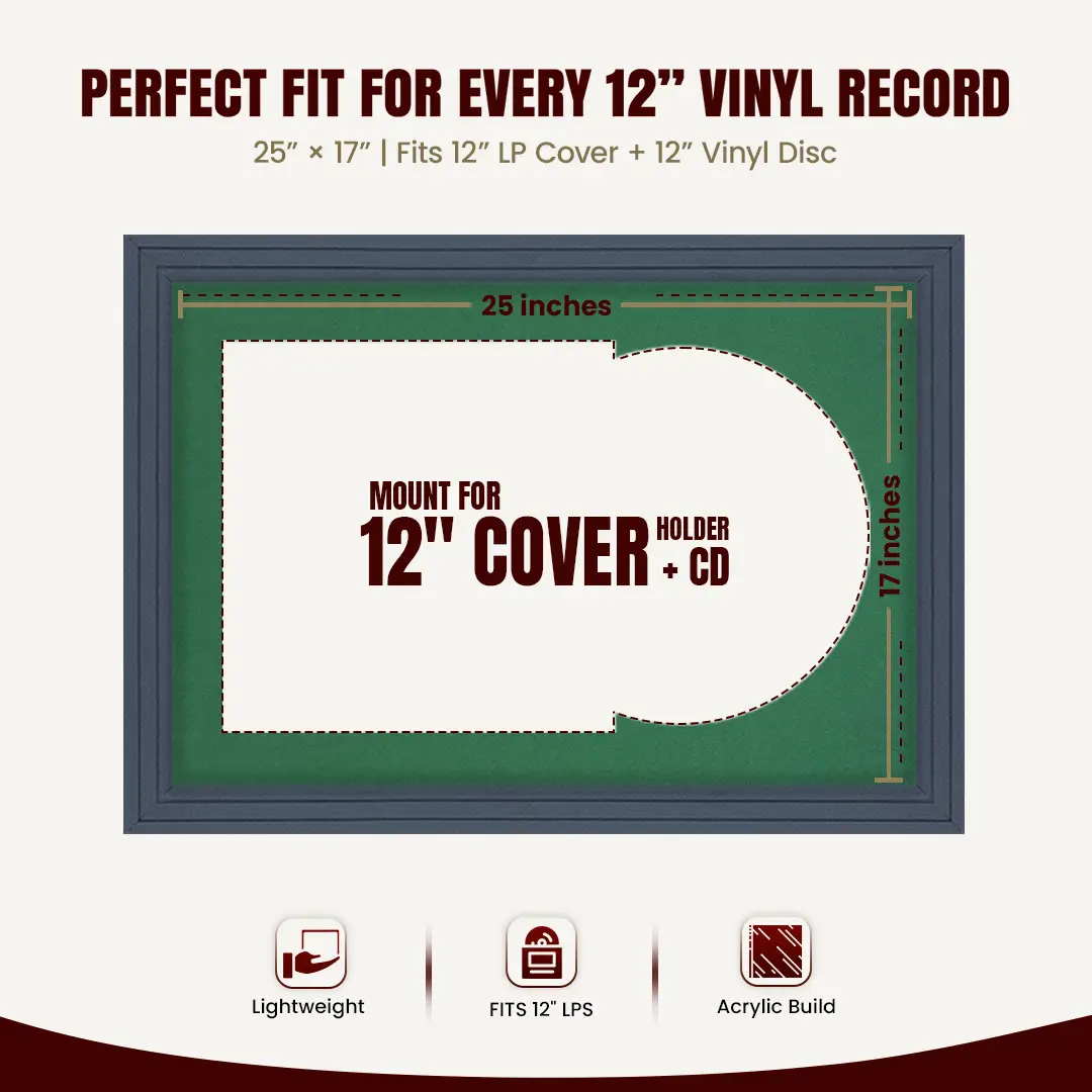 25x17" Step Dark Grey Vinyl Record Frame For 12 Inch LP Cover & Disc With Emerald (Green) Mount | Overlapped Vinyl Display thumbnail 3