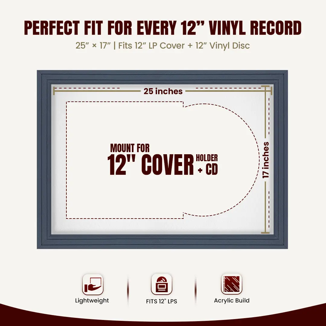 25x17" Step Dark Grey Vinyl Record Frame For 12 Inch LP Cover & Disc (Overlapped) With Ice White Mount | Elegant Music Display thumbnail 3