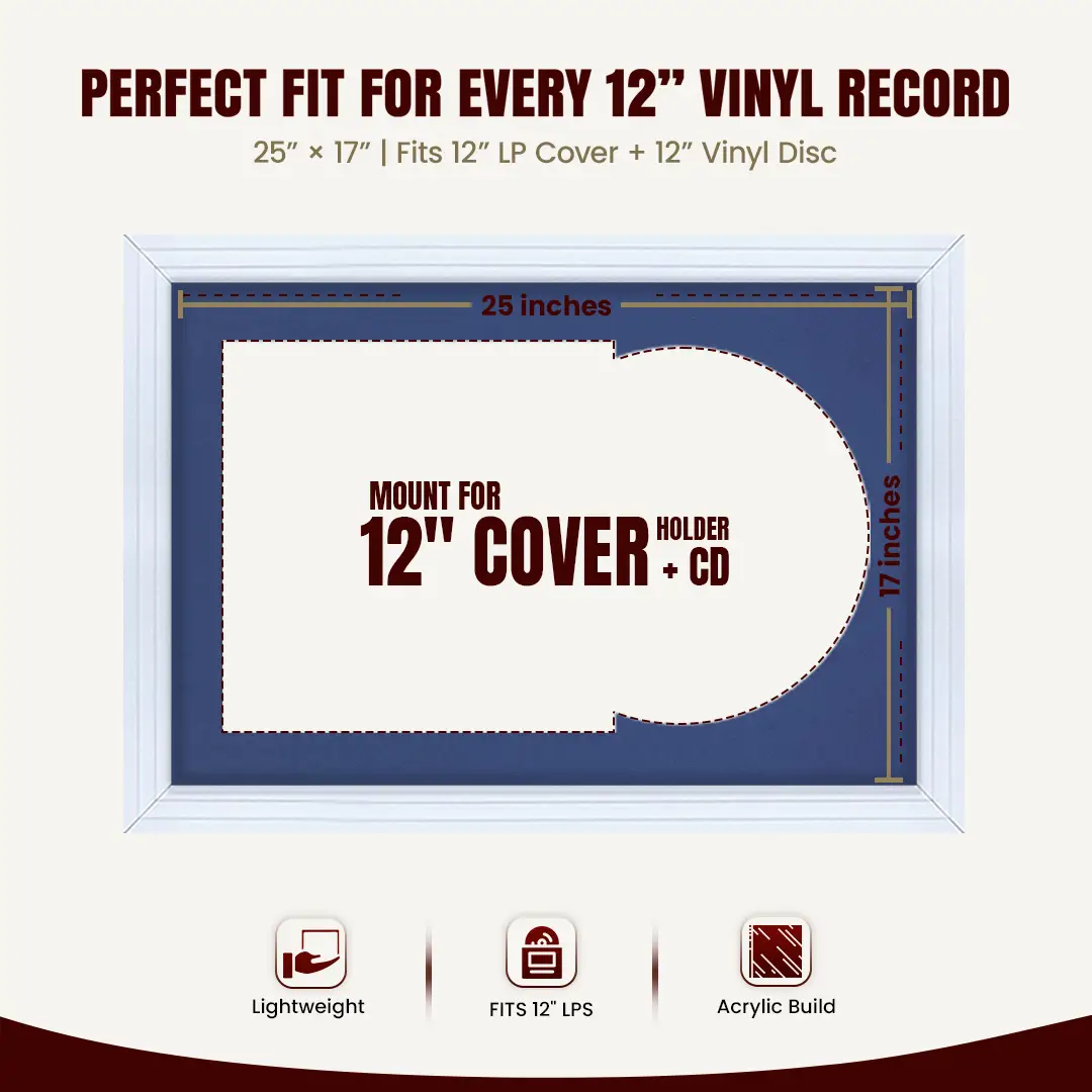 25x17" Step White Vinyl Record Frame For LP Cover & Disc With Blue Mount | Overlapped Display thumbnail 3