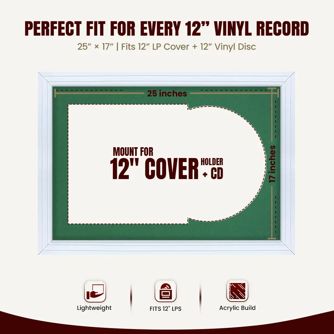 25x17" Step White Vinyl Record Frame For 12 Inch LP Cover & Disc (Overlapped) With Emerald (Green) Mount | Elegant Music Display thumbnail 3
