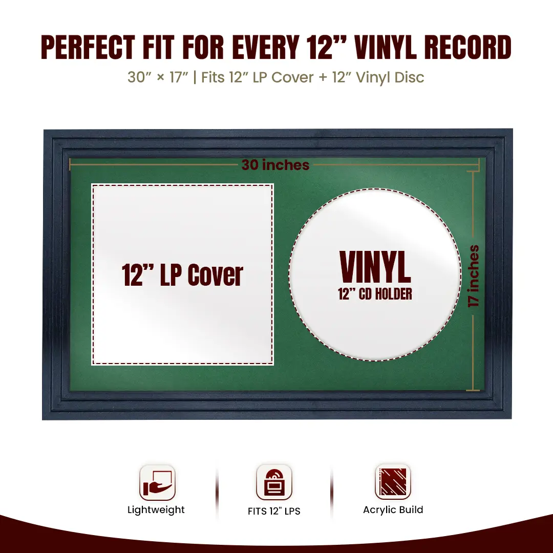 30x17" Step Black Vinyl Record Frame With Emerald (Green) Mount | For 12" LP Cover and Disc Side By Side Display thumbnail 3
