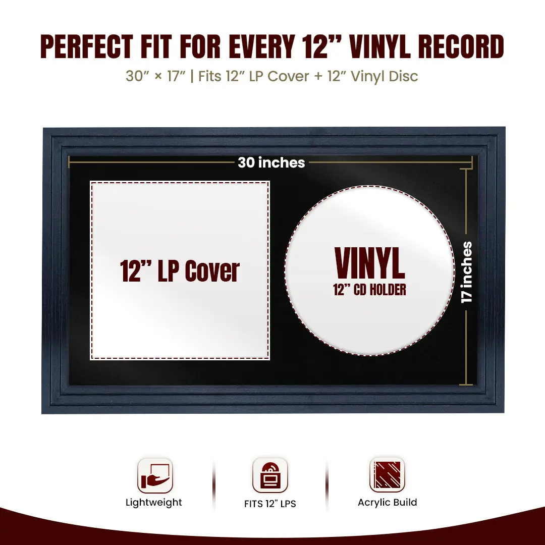 30x17" Step Dark Grey Vinyl Record Frame With Black Mount | For 12" LP Cover and Disc Side By Side Display thumbnail 3