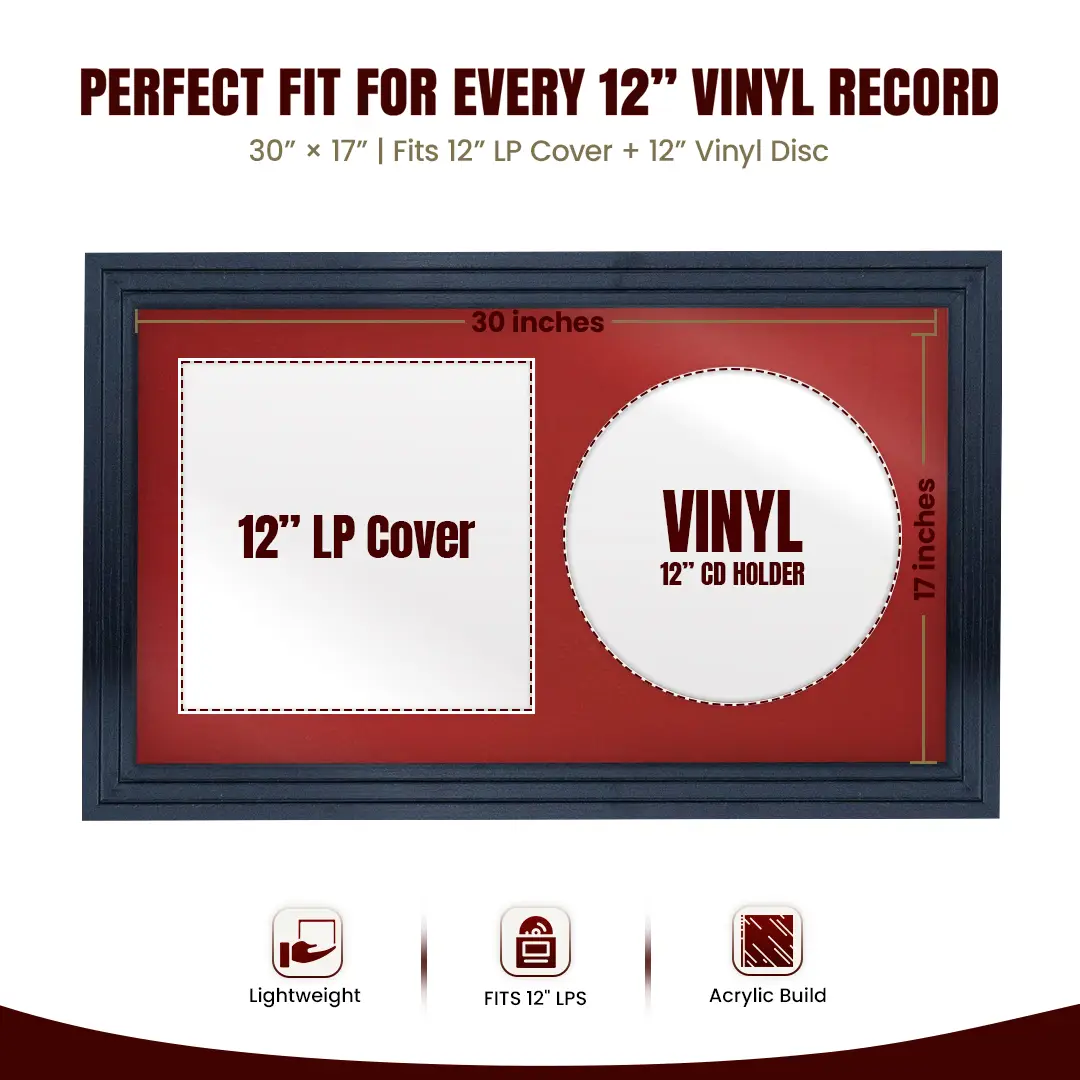 30x17" Step Dark Grey Vinyl Record Frame With Crimson Mount | For 12" LP Cover and Disc Side By Side Display thumbnail 3