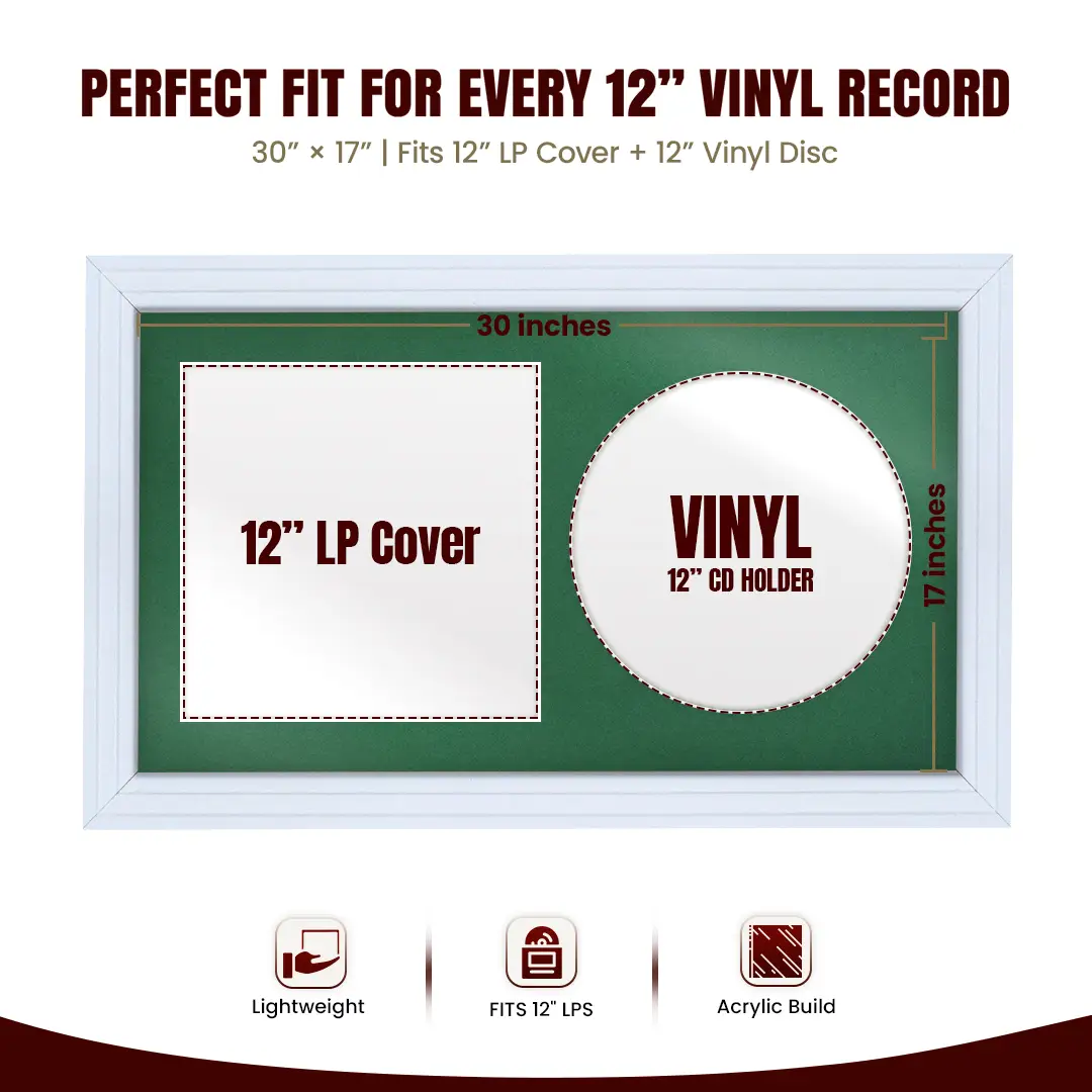 30x17" Step White Vinyl Record Frame With Emerald (Green) Mount | Displays 12" LP Cover & Disc Side by Side thumbnail 3