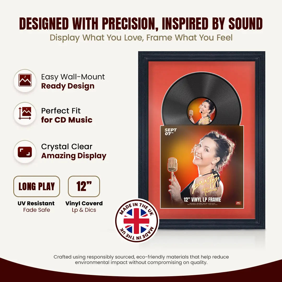 25x17" Step Black Vinyl Record Frame For 12 Inch LP Cover & Disc (Overlapped) With Poppy Red Mount | Elegant Music Display thumbnail 8