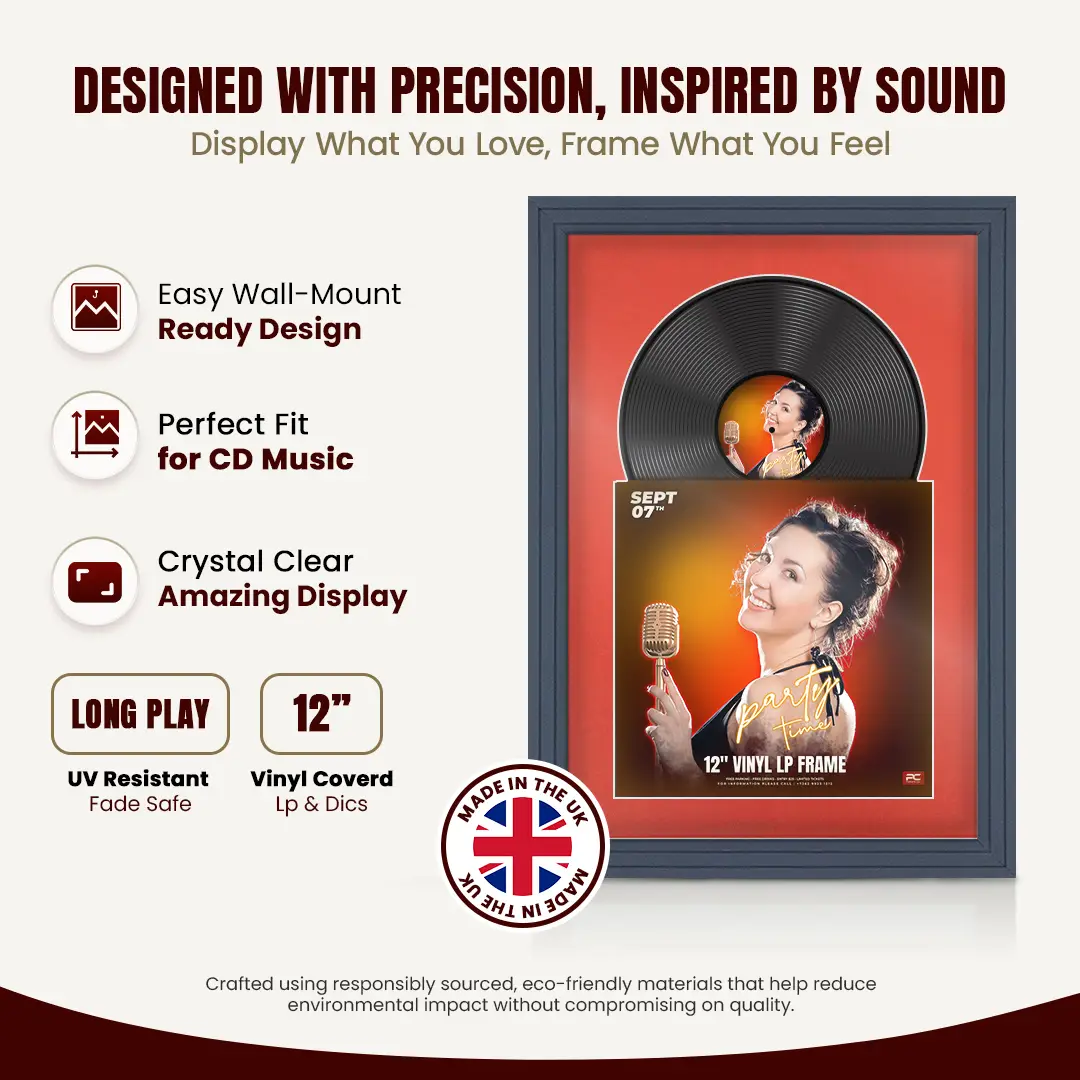 25x17" Step Dark Grey Vinyl Record Frame For 12 Inch LP Cover & Disc (Overlapped) With Poppy Red Mount | Elegant Music Display thumbnail 8