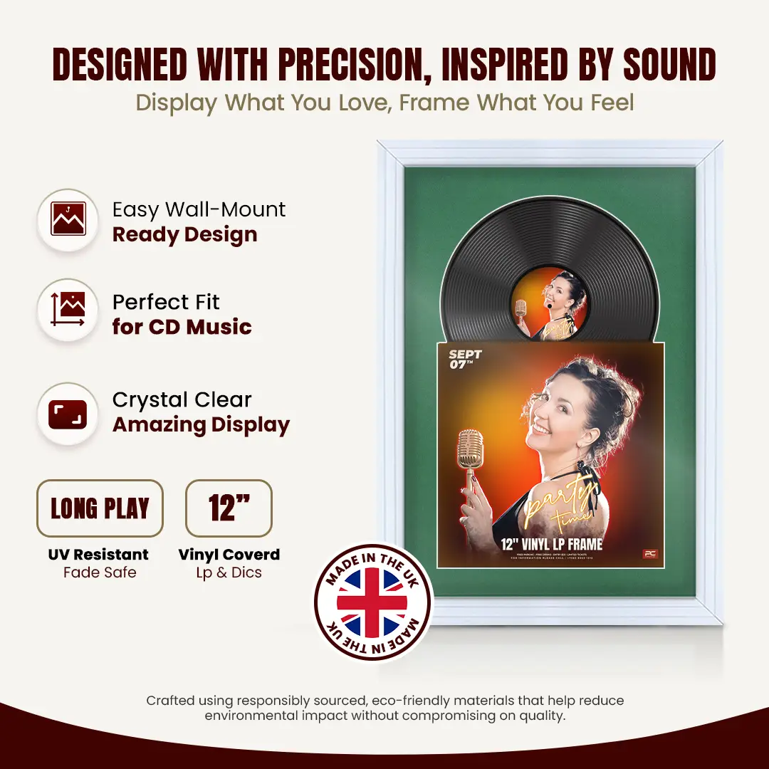 25x17" Step White Vinyl Record Frame For 12 Inch LP Cover & Disc (Overlapped) With Emerald (Green) Mount | Elegant Music Display thumbnail 8
