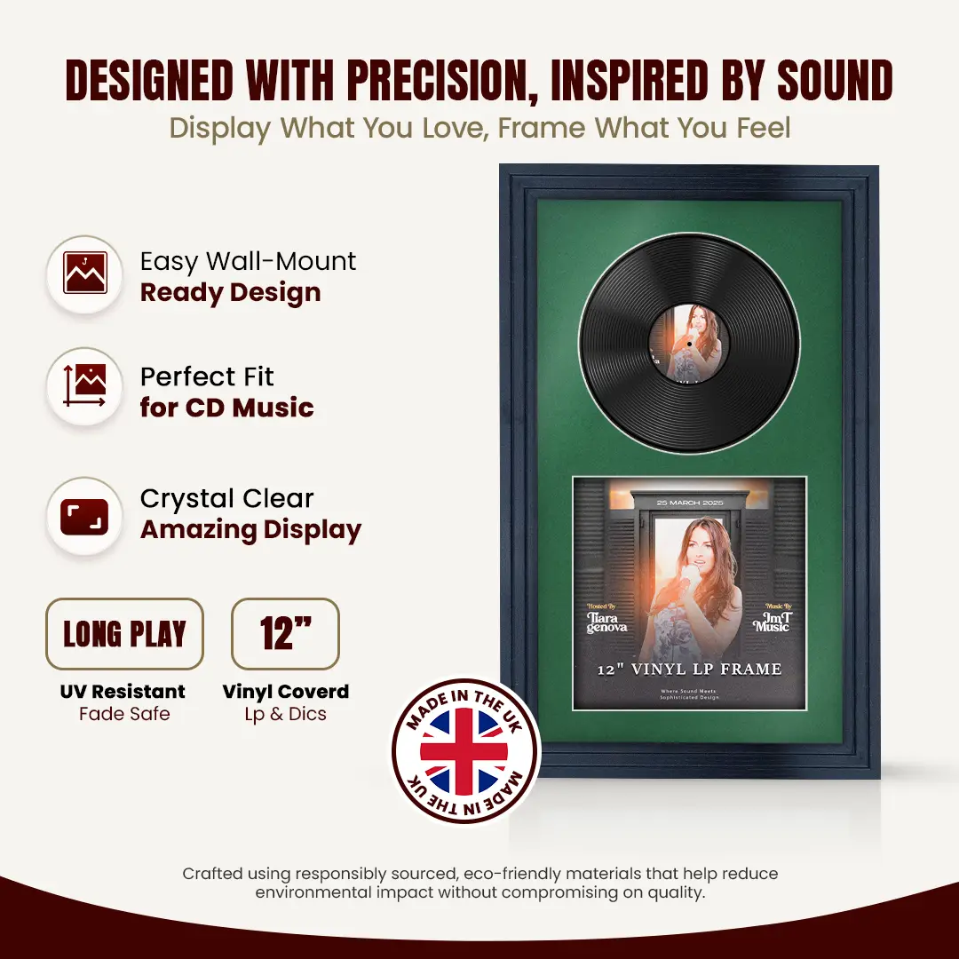 30x17" Step Dark Grey Vinyl Record Frame With Emerald (Green) Mount | Displays 12" LP Cover & Disc Side by Side thumbnail 8