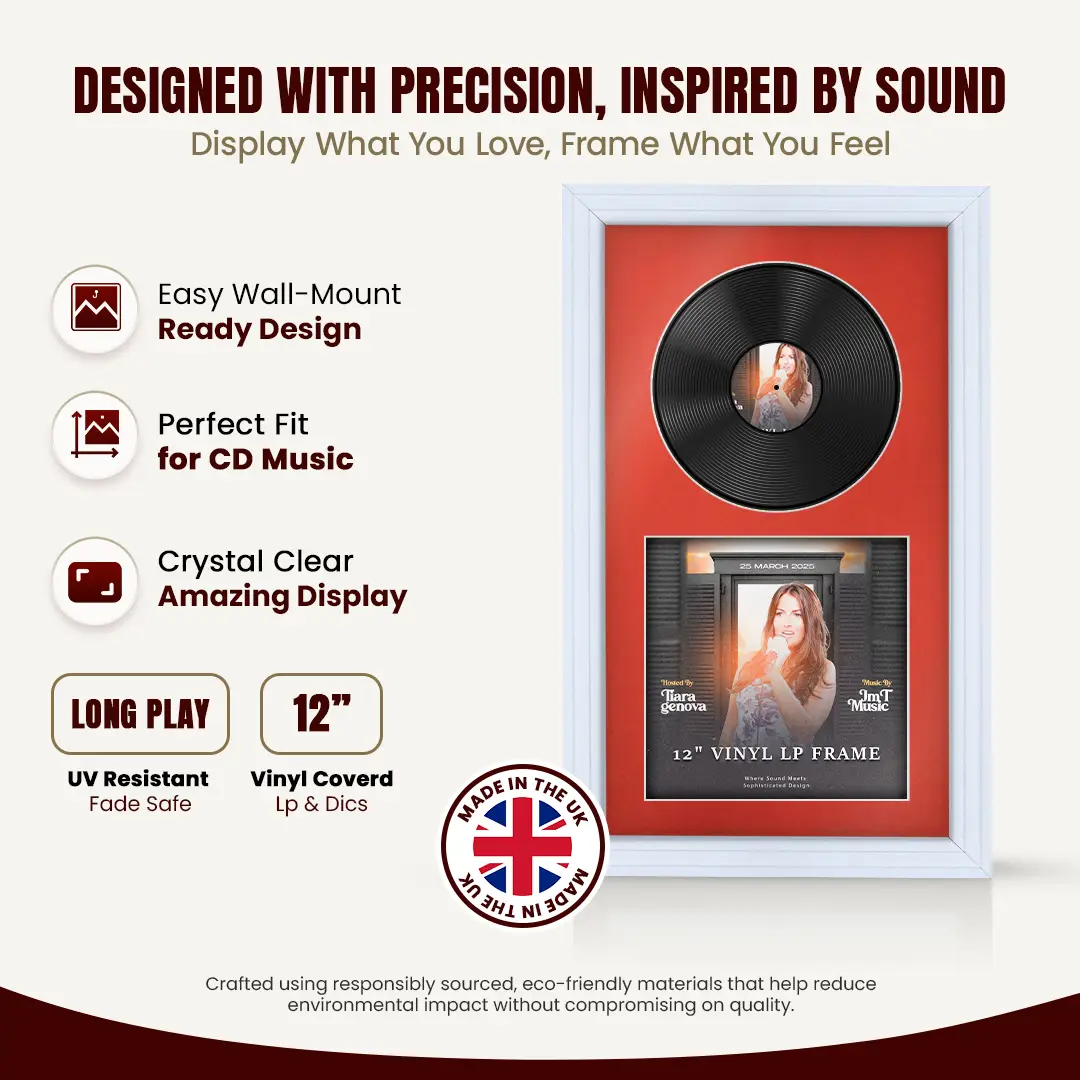 30x17" Step White Vinyl Record Frame With Poppy Red Mount | Displays 12" LP Cover & Disc Side by Side thumbnail 8