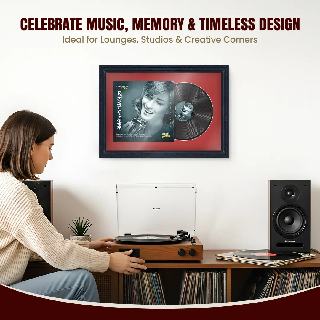 25x17" Step Black Vinyl Record Frame For 12 Inch LP Cover & Disc (Overlapped) With Crimson Mount | Elegant Music Display thumbnail 4