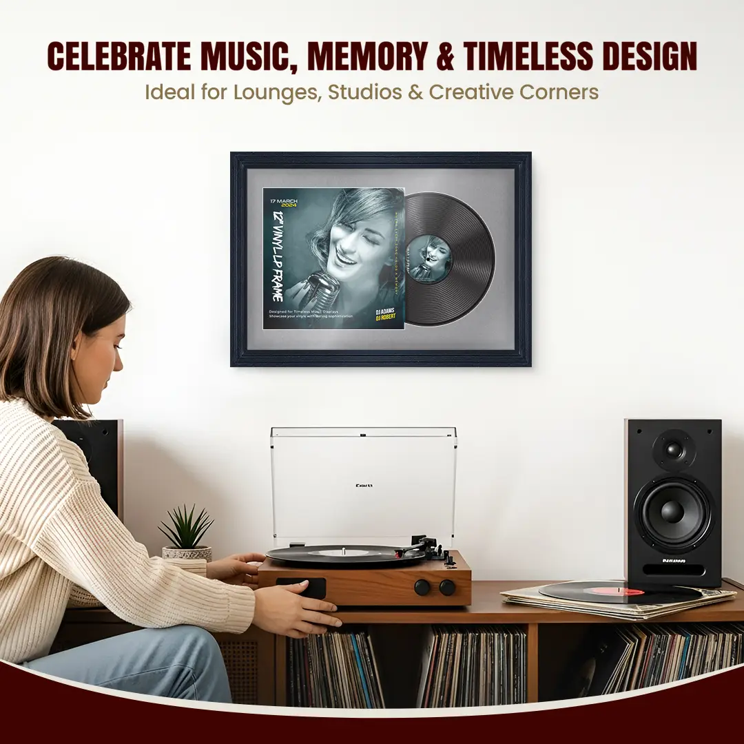 25x17" Step Black Vinyl Record Frame For 12 Inch LP Cover & Disc (Overlapped) With Mid Grey Mount | Elegant Music Display thumbnail 4