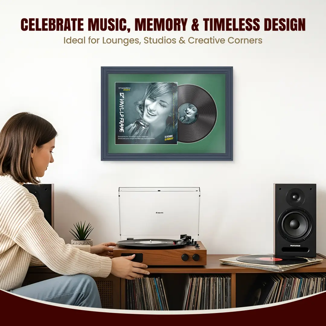25x17" Step Dark Grey Vinyl Record Frame For 12 Inch LP Cover & Disc With Emerald (Green) Mount | Overlapped Vinyl Display thumbnail 4
